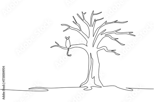 Single continuous line drawing lemur sitting on large dry tree branch. Global warming. Extreme climate change. Towards extinction. National Endangered Species Day. One line design vector illustration