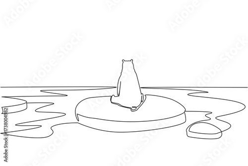 Continuous one line drawing polar bear sitting on a piece of ice. Human behavior creates global warming. Habitat loss. National Endangered Species Day. Single line draw design vector illustration
