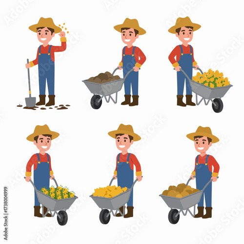 Smiling farmer character performing various agricultural tasks: sowing seeds, moving soil, and transporting yellow crops in a wheelbarrow, depicting farm work.