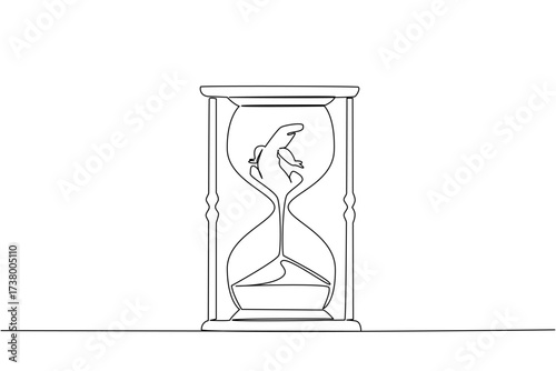 Single continuous line drawing lower body of komodo dragon is sucked by the sand in the hourglass. Habitat destruction. Extinct. National Endangered Species Day. One line design vector illustration
