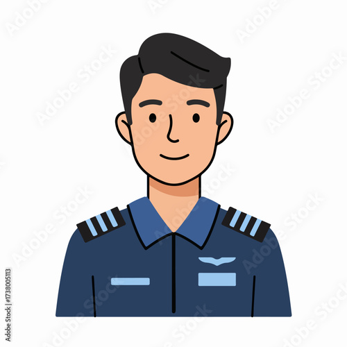 Cartoon illustration of a smiling male pilot in a blue uniform with epaulets, representing aviation and travel professionalism.