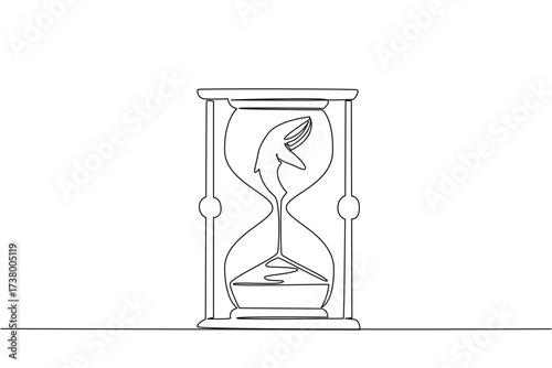 Single one line drawing lower body of blue whale is sucked by the sand in the hourglass. Detrimental commercial hunting. National Endangered Species Day. Continuous line design graphic illustration