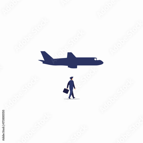 A pilot walks with his briefcase under the silhouette of a commercial airplane, symbolizing air travel, career, and global transportation.