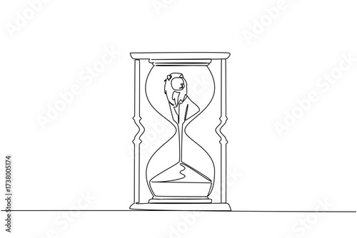 Continuous one line drawing lower body of the lion is sucked by the sand in the hourglass. Significant reduction in prey. National Endangered Species Day. Single line draw design vector illustration