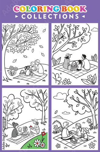 Four Family Picnic Scenes Are Displayed In A Delightful Coloring Book Collage