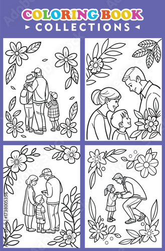 Four Coloring Book Scenes Show Families In Loving Interactions With Floral Art