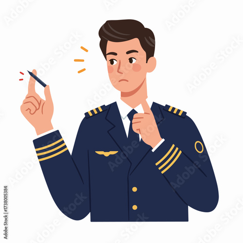 Puzzled pilot holding a broken pencil, contemplating a problem or challenge, wearing a dark blue uniform with gold epaulets, flat vector illustration.