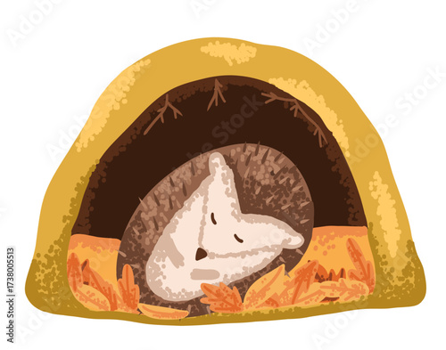 Cute hedgehog sleeping in den hole. Wild animal hollow in forest drawn in flat style