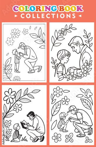 Father And Son Activities Depicted In A Coloring Book Collection Page