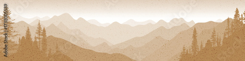 Sunrise in the mountains, sepia shades, retro effect, ridge gradients and trees, vector illustration, panoramic view