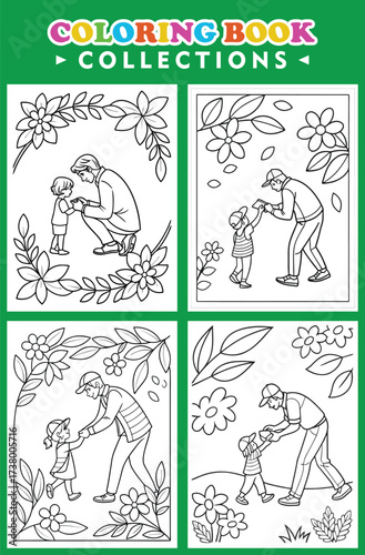Coloring Page Shows Father Child Bonding In Floral Frames For Creative Fun