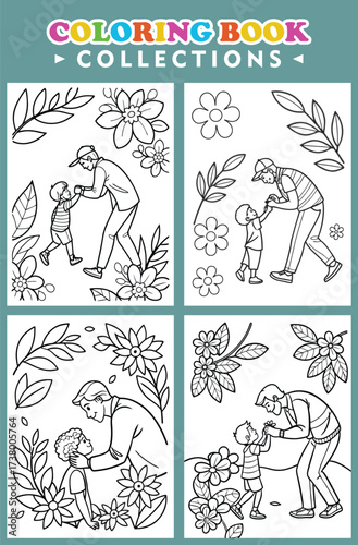 Father And Son Bonding Depicted In A Coloring Book Style Page Layout