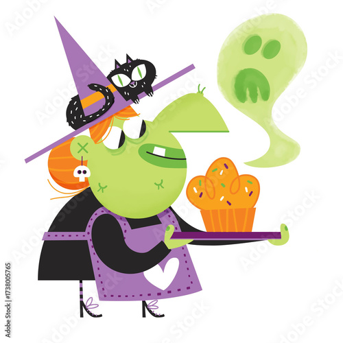 Cute Green Witch Character Baking Halloween Cupcake with Black Cat and Ghost Vector