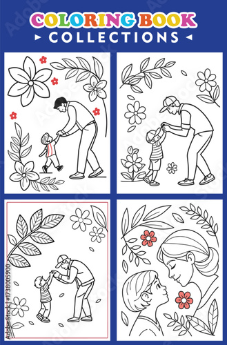 Four Coloring Page With Parent And Child Designs Floral Elements Included