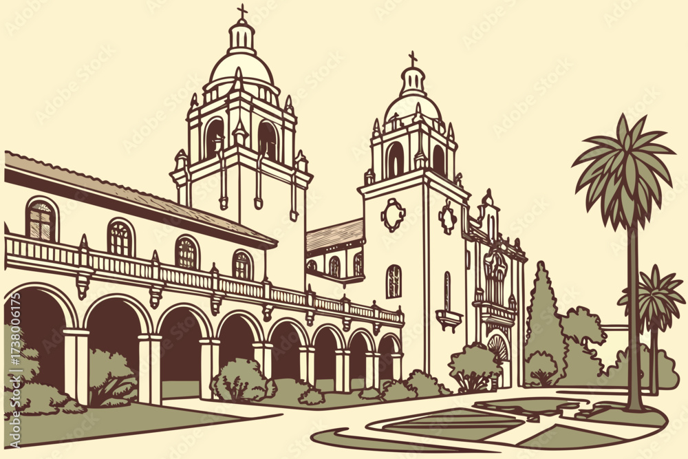 Fototapeta premium Mission Inn in Riverside, California, sprawling Spanish Mission Revival architecture with ornate courtyards