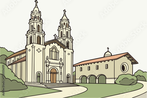 Mission Dolores Basilica in San Francisco, California, grand twin-towered church beside historic adobe chapel