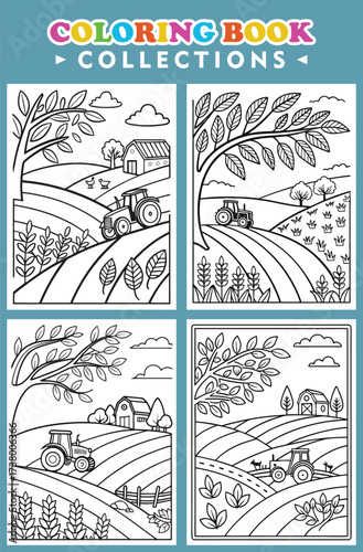 Four Farm Scenes With Tractor In Outline Drawings For A Coloring Book Page