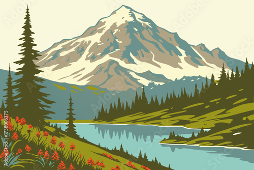 Mount Baker in Washington, glaciated mountain reflecting in a clear alpine lake with wildflowers in foreground