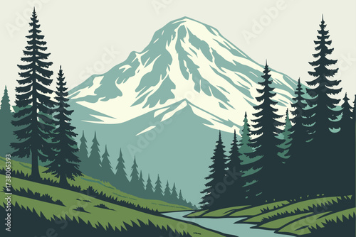 Mount Rainier National Forest in Washington, towering evergreens with glacier-clad mountain backdrop