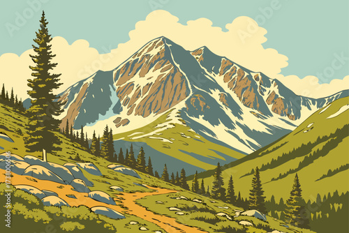 Mount Elbert in Colorado, tallest in Rockies, alpine summit with snowfields and expansive mountain ridges