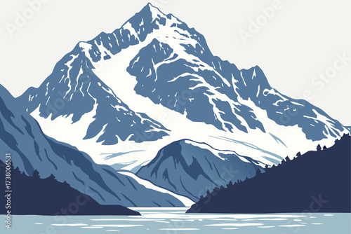 Mount Fairweather in Alaska, glaciated coastal peak with icy ridges rising above ocean fjords