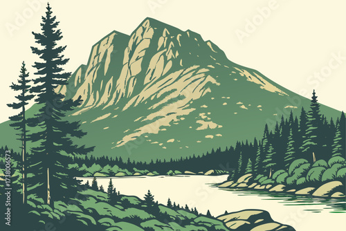 Mount Katahdin in Baxter State Park, Maine, rugged granite peak surrounded by lakes and forest wilderness