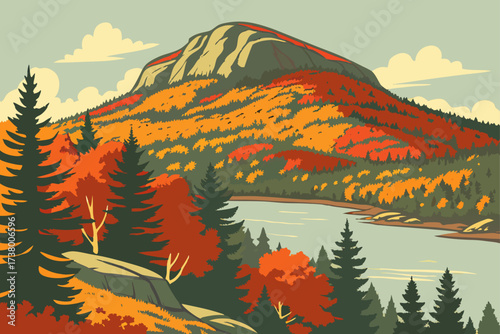 Mount Monadnock in New Hampshire, rounded granite summit rising above forests and lakes in autumn colors