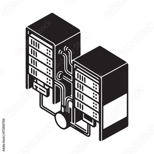 Isometric Server Racks Icon, Black and White Data Center Illustration