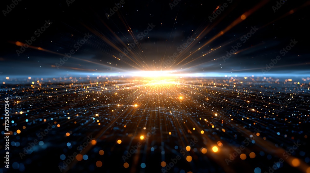 Obraz premium A stunning visual representation of light rays emerging from a horizon, creating an explosion of color and energy