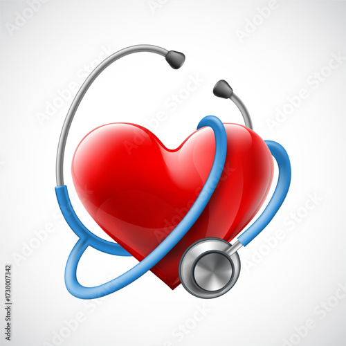 Medical stethoscope around a red heart shape. Isolated on white background. Vector illustration.