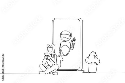 Single continuous line drawing woman sits cross legged holds a smartphone and big smartphone with robot. Customer care. Help. International Virtual Assistants Day. One line design vector illustration