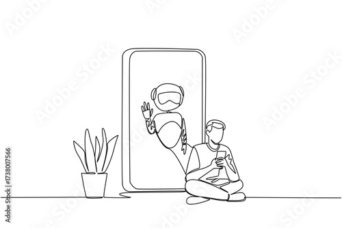 Single one line drawing man sits cross legged holds a smartphone and big smartphone with robot. Consumer convenience. International Virtual Assistants Day. Continuous line design graphic illustration