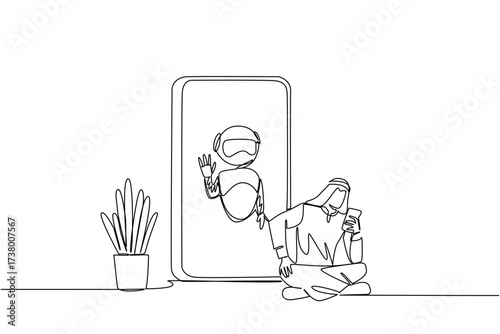 Continuous one line drawing Arab man sits cross legged holds smartphone and big smartphone with robot. Advanced tech. International Virtual Assistants Day. Single line draw design vector illustration