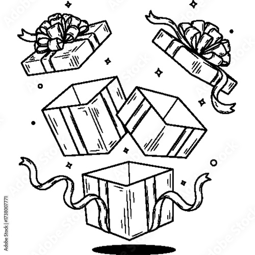 Monochrome sketch art of unboxing surprise. Open gift box flying in the air, symbolizing excitement and anticipation. An attractive graphic for online shop, celebration blog or greeting card.