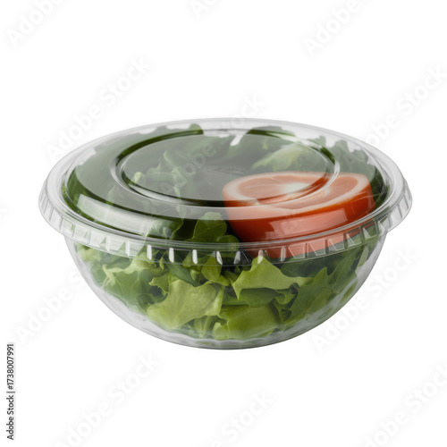 Fresh green salad in a clear plastic takeout container isolated on transparent background
