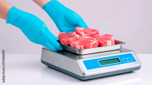 Gloved hands placing metal tray with raw pork chops on electronic kitchen scale in clean sterile environment