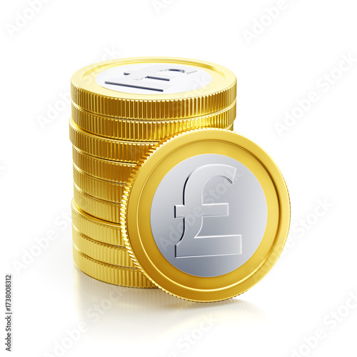 The pound sterling coins. Composition featuring ten metallic coins with the pound sterling symbol on them, all set against a white reflective background. 3D rendered graphics.