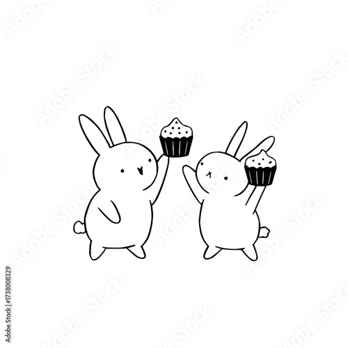Two cartoon bunnies holding cupcakes with white frosting and black liners in a simple line drawing style