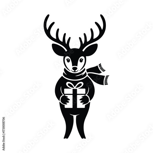 Festive reindeer with antlers scarf holding gift box celebrating christmas holiday spirit silhouette