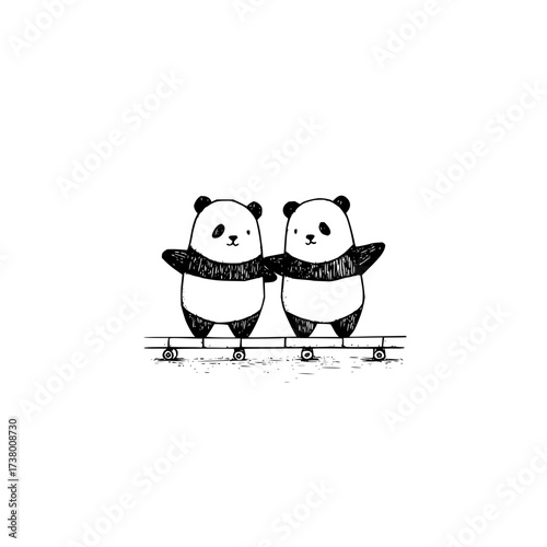 Two pandas standing on a beam with circular supports in a black and white sketch style illustration