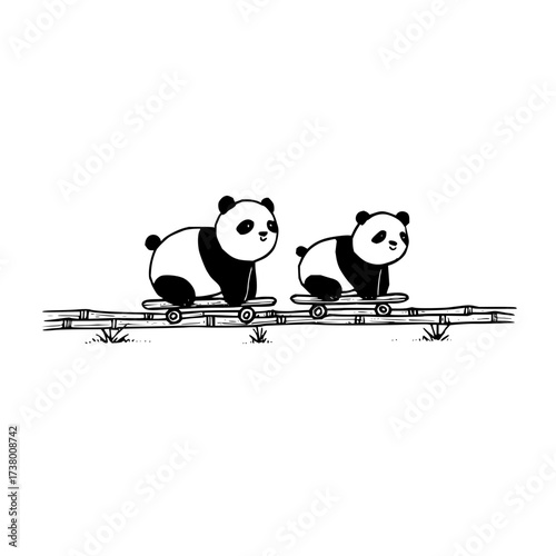 Two pandas riding skateboards over a bamboo fence in a black and white cartoon illustration style image