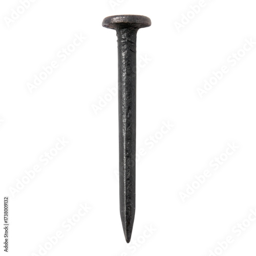 Black nail with flat head stands out against transparent background, showcasing its simple yet essential design