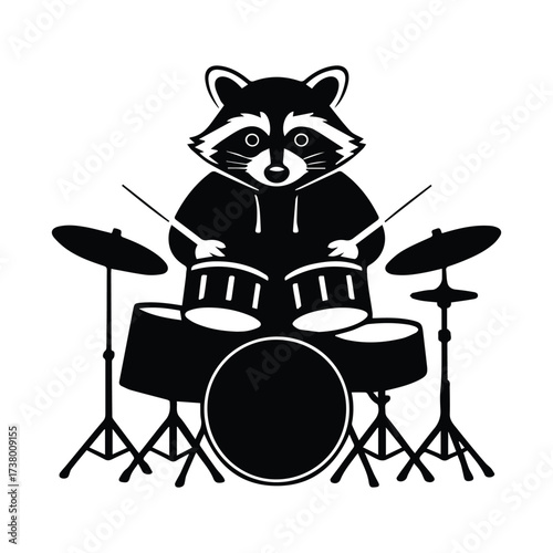 Funny raccoon musician playing drum set rock band character enjoying music performance beat silhouette