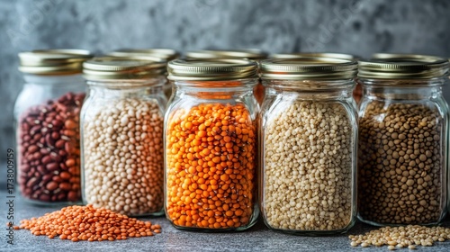 A collection of colorful legumes in glass jars, showcasing various types of lentils, beans, and seeds against a textured background.