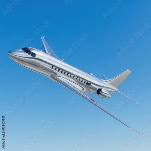Sleek Silver Airplane Ascending in a Clear Blue Sky Luxury Travel Concept