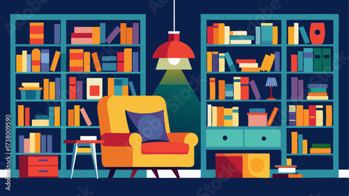 A home library with walls covered in bookshelves filled with books of all sizes and colors a statement armchair in a bold print and a mix of vintage and modern lighting fixtures.