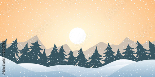 Winter evening landscape, cartoon nature, forest and snowfall, setting sun, vector illustration
