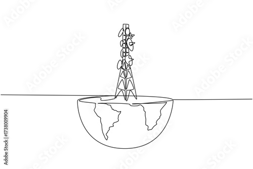 Single one line drawing half globe cutout with transmitter tower on top. Technology needs. Radio. Data. World Telecommunication and Information Society Day. Continuous line design graphic illustration
