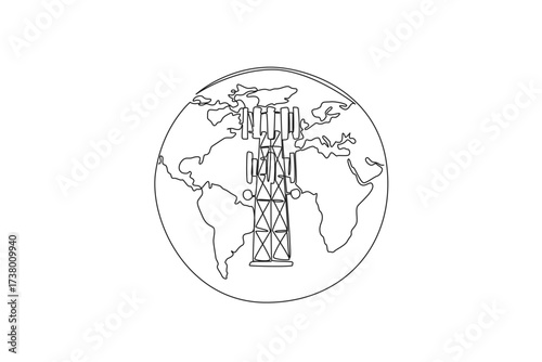 Continuous one line drawing full globe with a transmitter tower in the middle. Communication tower. World Telecommunication and Information Society Day. Single line draw design vector illustration