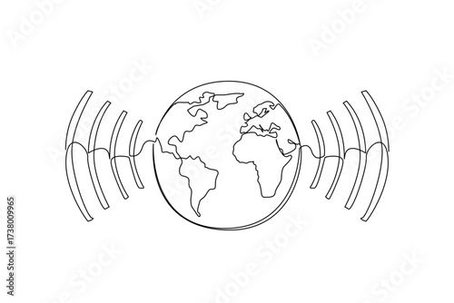 Single one line drawing globe with signal waves on both sides. Symbolization of ease of communication. World Telecommunication and Information Society Day. Continuous line design graphic illustration